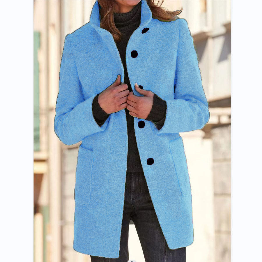 Dames Wollen Jas Elegante Opstaande Kraag Met Knopen