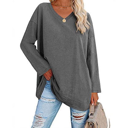 Dames Oversized T-shirt Lange Mouwen V-hals Casual