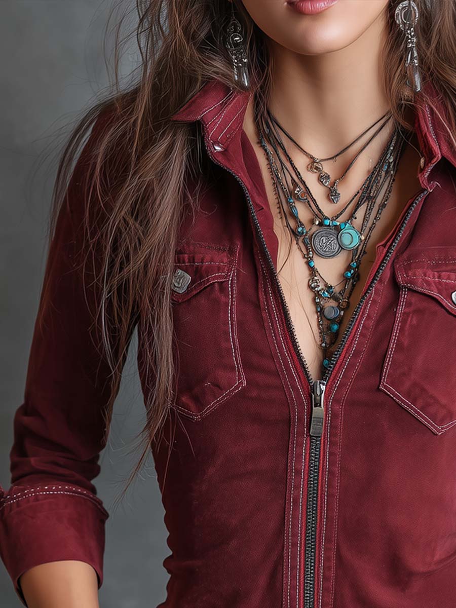 Vintage Zip-up Denim Shirt met Flapzakken