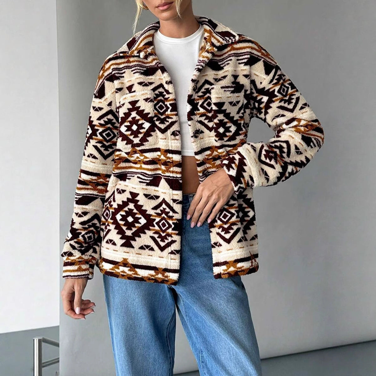 Dames Fleece Jas Etnische Print Trendy Warm