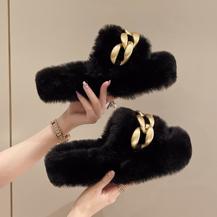 Dames Faux Fur Slippers Luxe met Ketting Detail