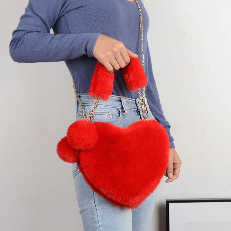Dames Plush Handtas Hartvorm Met Ketting Detail - Mode Vibes
