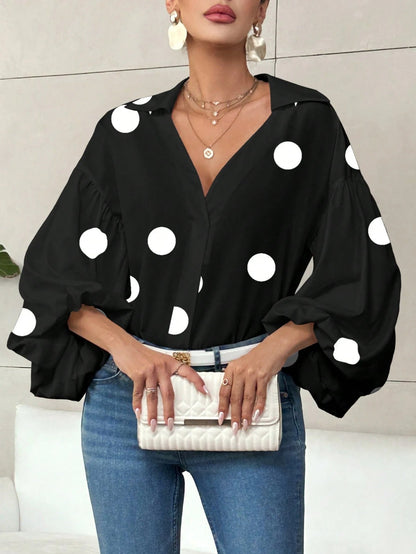 Dames Blouse met Ballon Mouwen en Grote Polka Dot Print