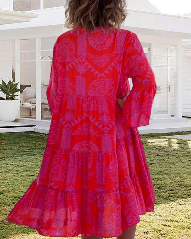 Boho Jurk Driekwart Mouwen Geometrische Print Zomerjurk