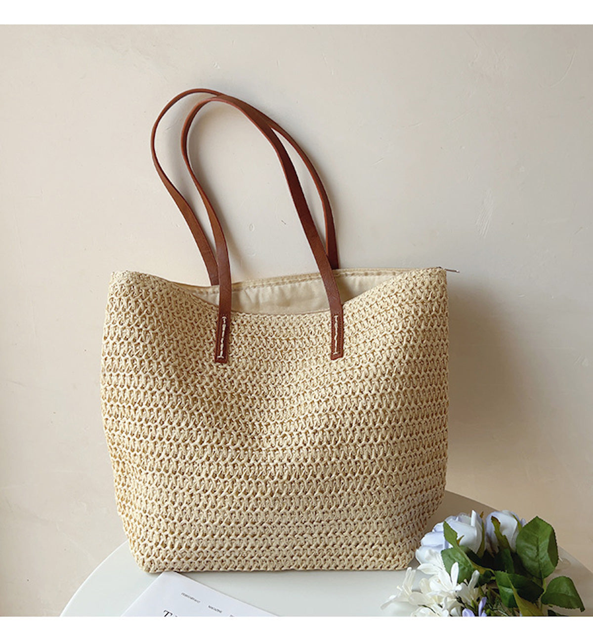 Leren Tote Tas Riet Geweven Zomerse Shopper