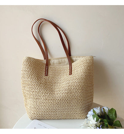 Leren Tote Tas Riet Geweven Zomerse Shopper