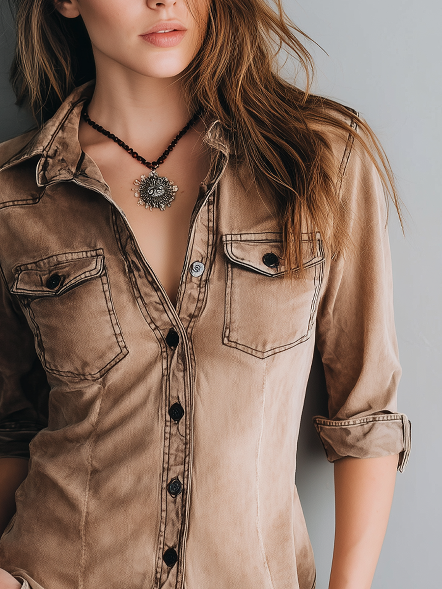 Retro Gewassen Blouse met Contraststiksels