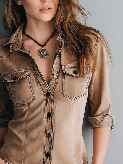 Retro Gewassen Blouse met Contraststiksels