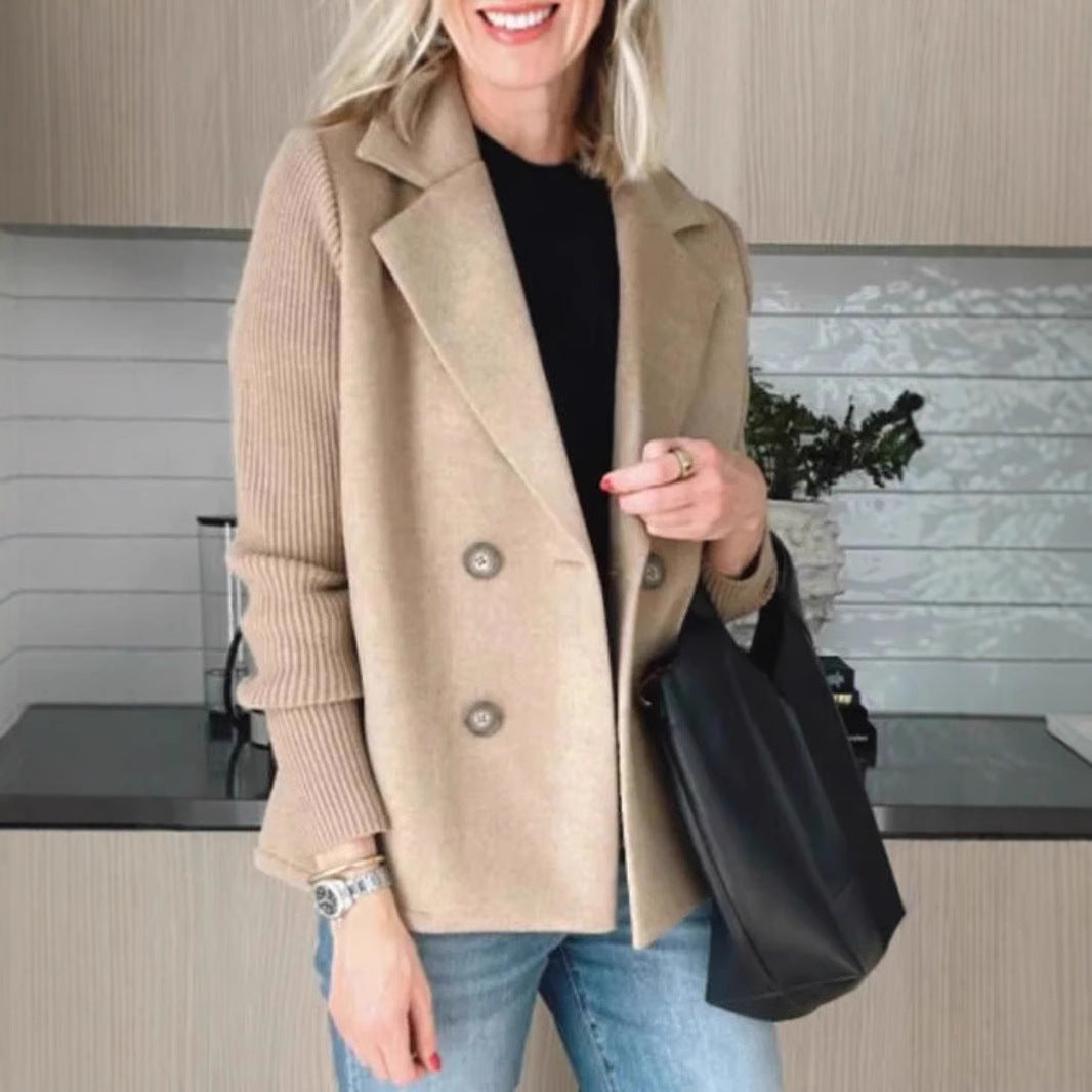 Dames Blazer Wollen Look Gebruik met Gebreide Mouwen en Dubbele Knoop