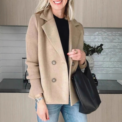 Dames Blazer Wollen Look Gebruik met Gebreide Mouwen en Dubbele Knoop