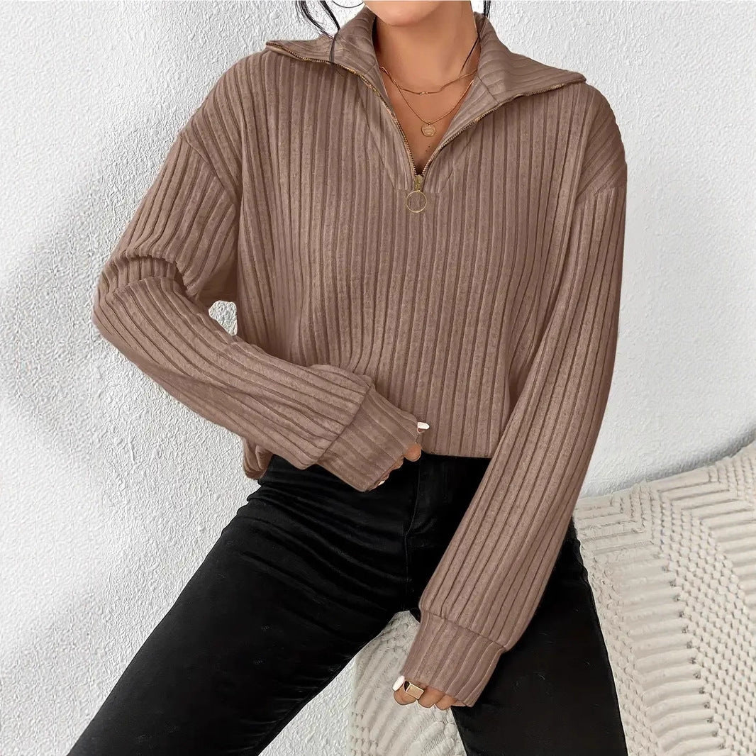 Dames Warme Rib Top met Lange Mouwen en Rits