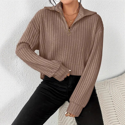Dames Warme Rib Top met Lange Mouwen en Rits