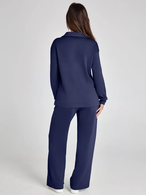 Dames Tweedelige Set met V-Hals Sweatshirt en Wijde Broek – Comfortabel & Stijlvol – Voor Herfst/Winter