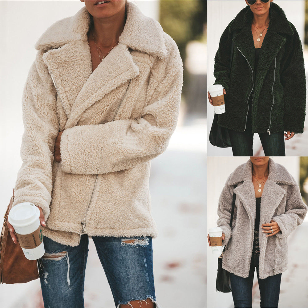 Dames Teddyjas Rits Trendy Zwart Wollen Jacket