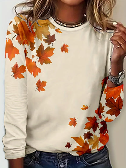 Dames T-shirt Lange Mouwen Esdoornblad Print - Mode Vibes