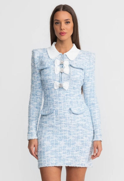 Tweed Mini Jurk met Contrasterende Kraag, Strik en Kristalaccenten