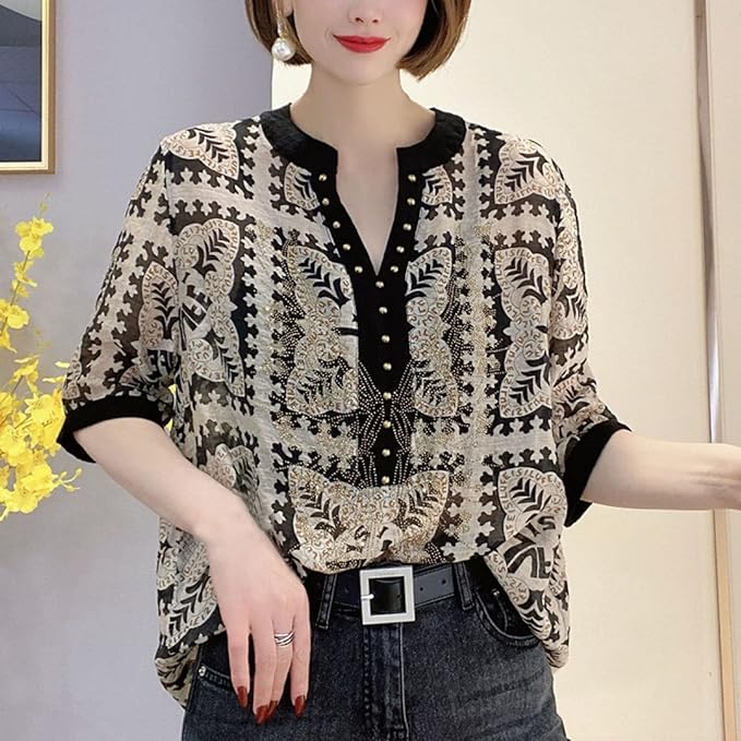 V-hals Top met Mode Print voor Vrouw