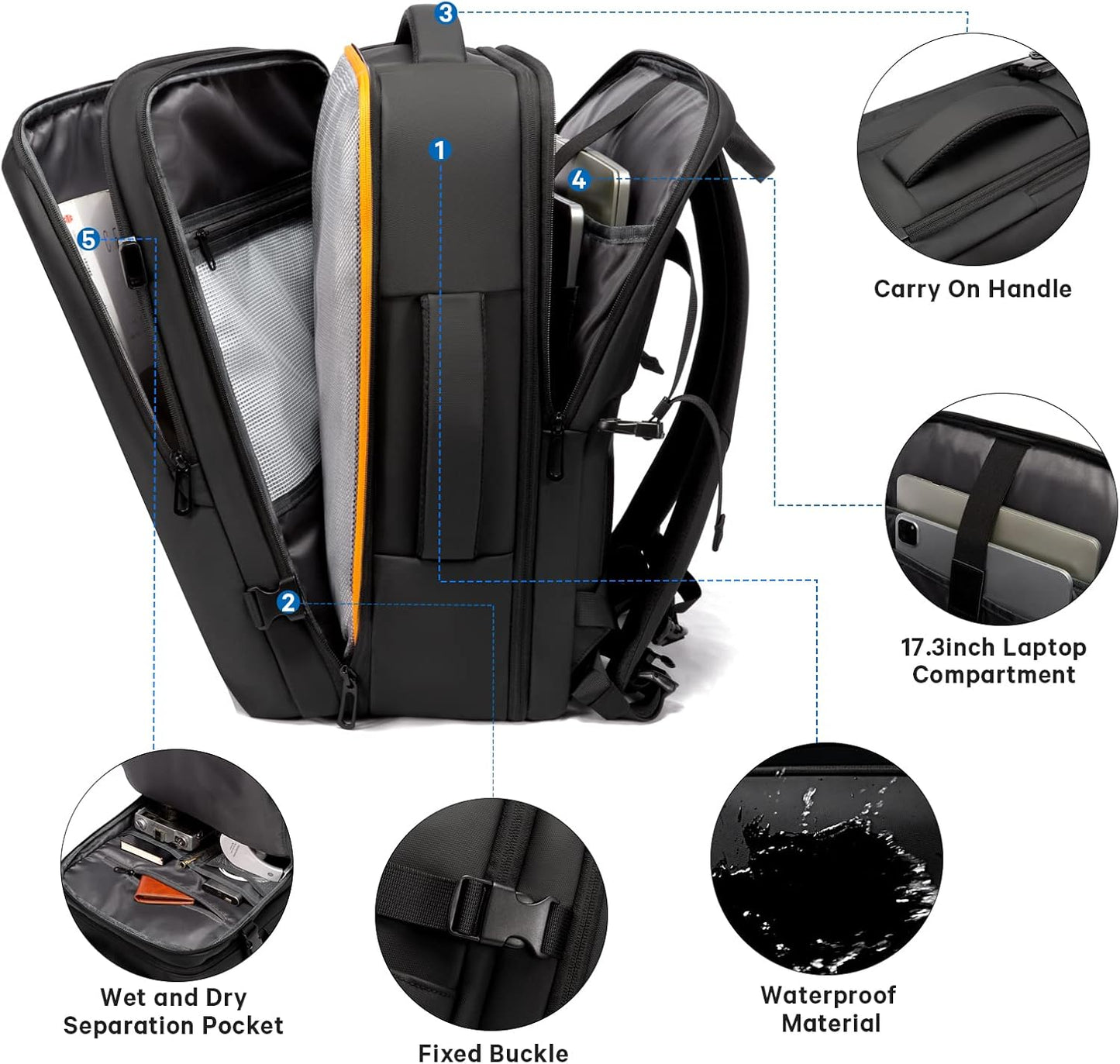 Reisrugzak Waterdicht 26-45L met Laptopvak en Handvat
