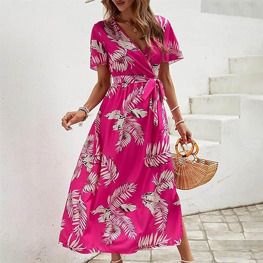 Vrouwelijke Jurk met Ceintuur Tropische Print Hoge Taille - Mode Vibes