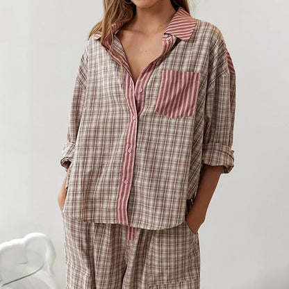 Geruite Pyjamaset voor Vrouw Casual Chic Losse Delen