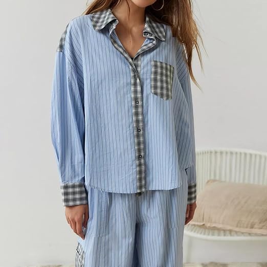 Geruite Pyjamaset voor Vrouw Casual Chic Losse Delen