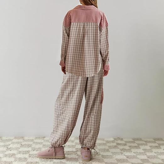 Geruite Pyjamaset voor Vrouw Casual Chic Losse Delen