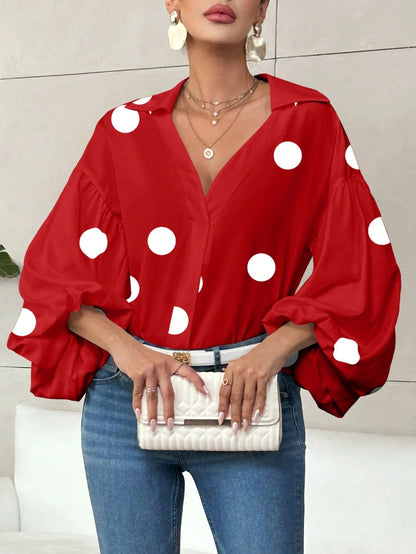 Dames Blouse met Ballon Mouwen en Grote Polka Dot Print