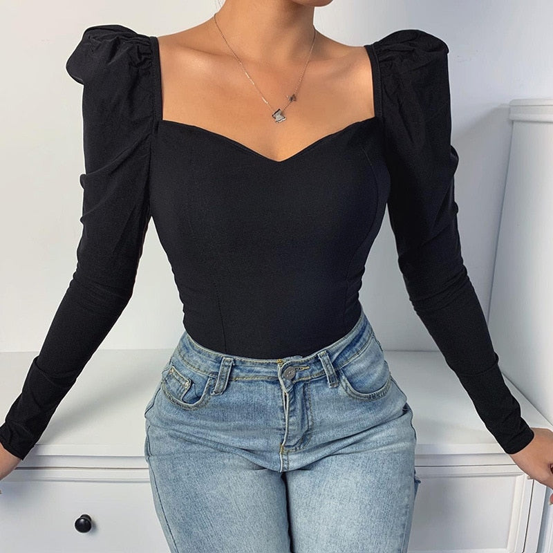 Dames Top Aansluitend met Pofmouwen en Hartvormige Hals - Mode Vibes