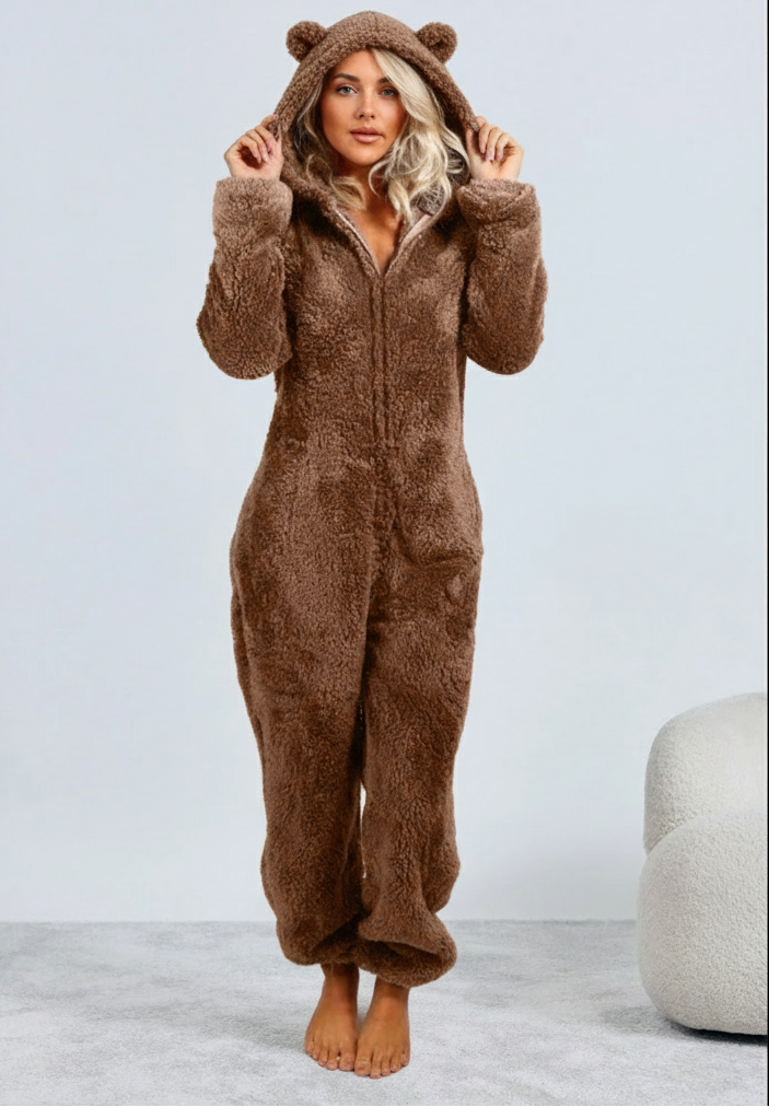 Dames Teddy Onesie met Beren Oortjes Zacht en Comfortabel - Mode Vibes