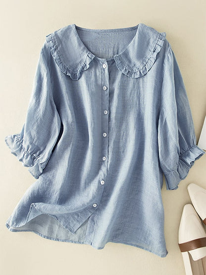 Vrouwelijke katoenen blouse met V-hals en korte mouwen - Mode Vibes