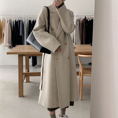 Dames Lange Wollen Mantel met Ceintuur Trendy Look
