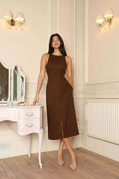 Mouwloze Linnen Jurk Bruin Midi Model Jurk met Knopen - Mode Vibes