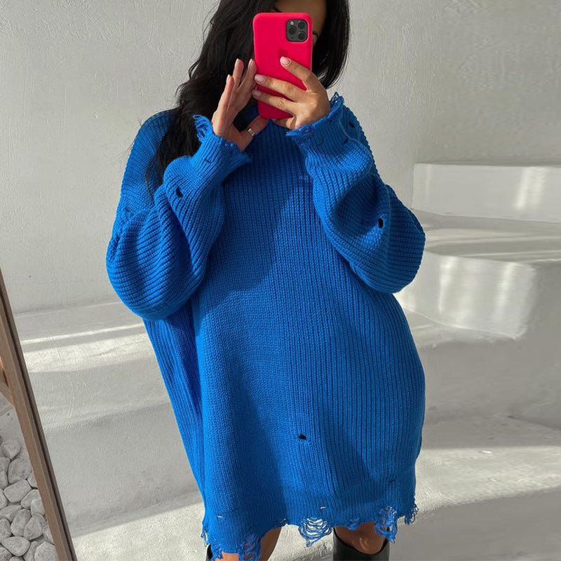 Dames Oversized Trui Ronde Hals met Destroyed Details Modieus