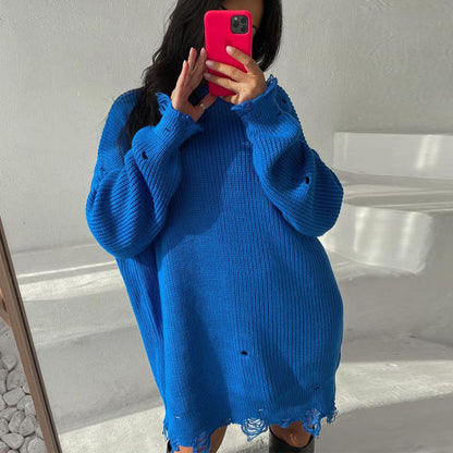 Dames Oversized Trui Ronde Hals met Destroyed Details Modieus