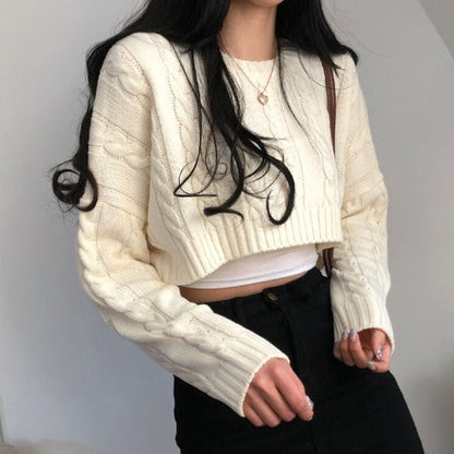 Dames Trui Cropped Kabelpatroon Ronde Hals Trendy