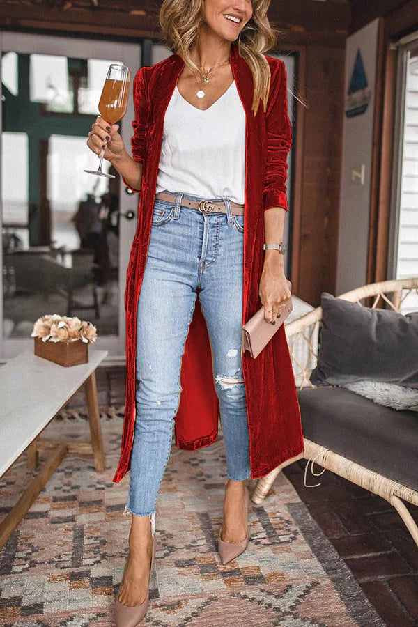 Lange Fluwelen Cardigan Elegante Zwart Donkergrijs