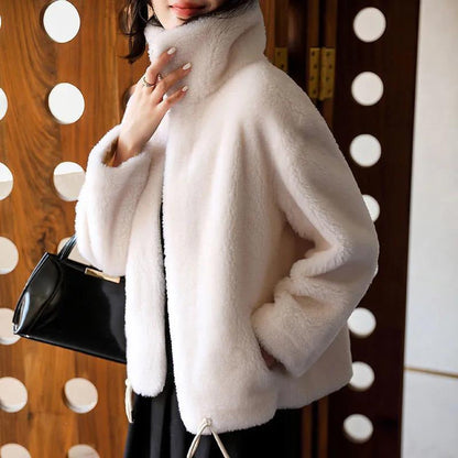 Dames Faux Fur Jas met Opstaande Kraag en Rits