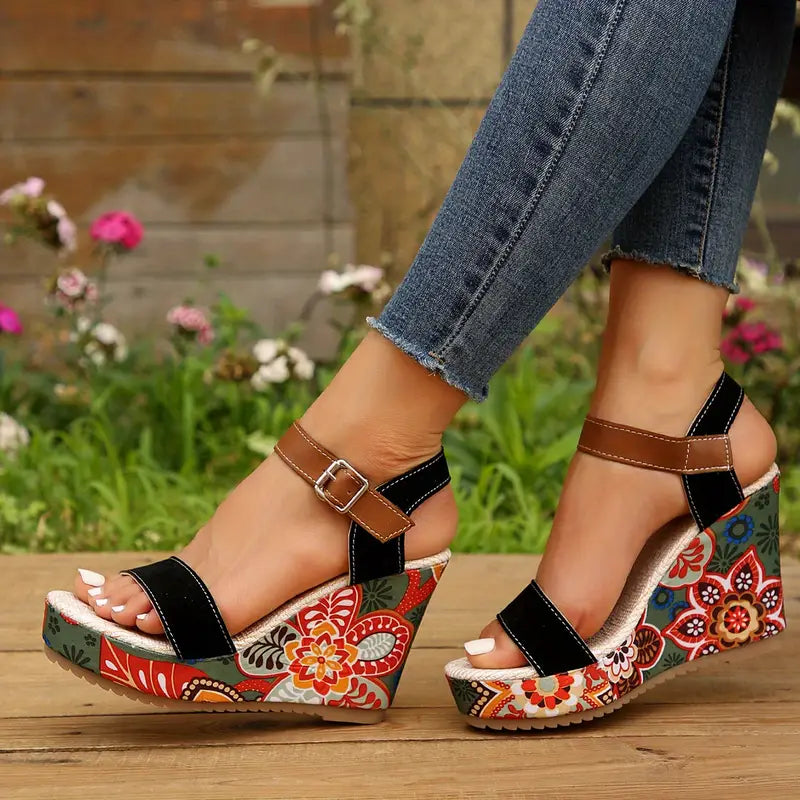 Dames Sandalen met Sleehak en Bloemenprint