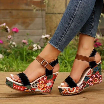 Dames Sandalen met Sleehak en Bloemenprint