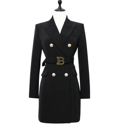 Blazerjurk Double-Breasted Met Riem Elegant Dame Jurk
