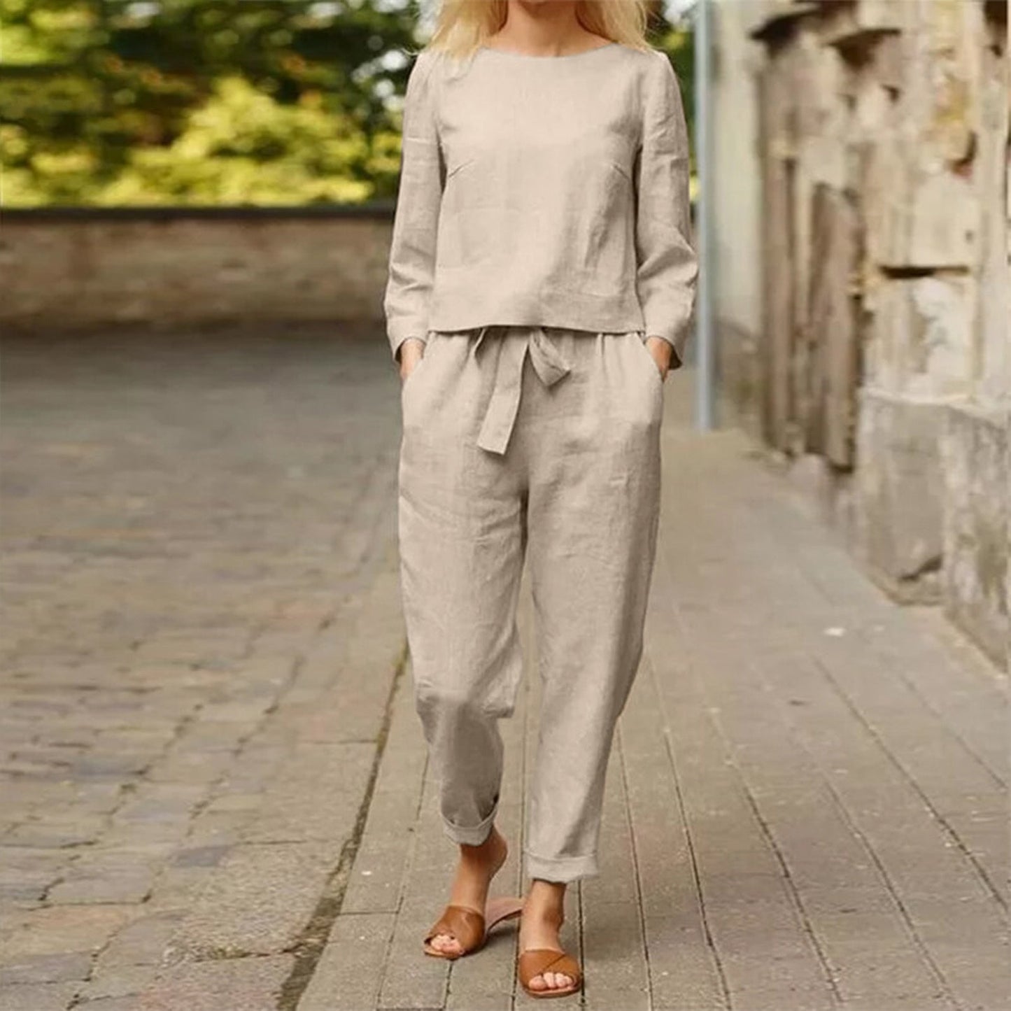 Damesoutfit 2-delig met ronde hals en elastische broek - Mode Vibes