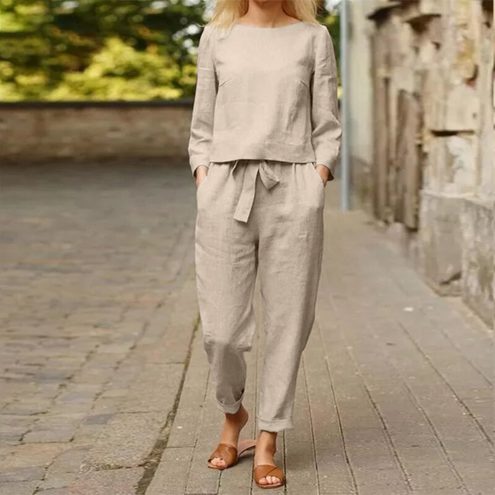 Damesoutfit 2-delig met ronde hals en elastische broek - Mode Vibes