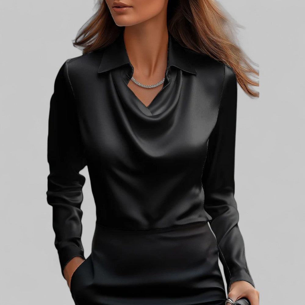 Isla Blouse met Gedrapeerde Hals – Dames Blouse met Lange Mouwen