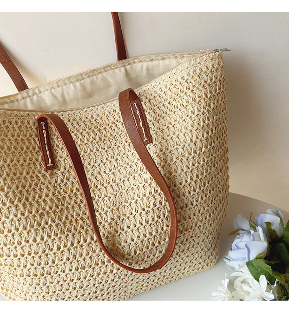 Leren Tote Tas Riet Geweven Zomerse Shopper