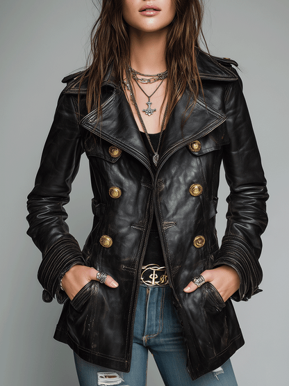 Dames Double-Breasted Imitatie Leren Jas – Vintage Stijl