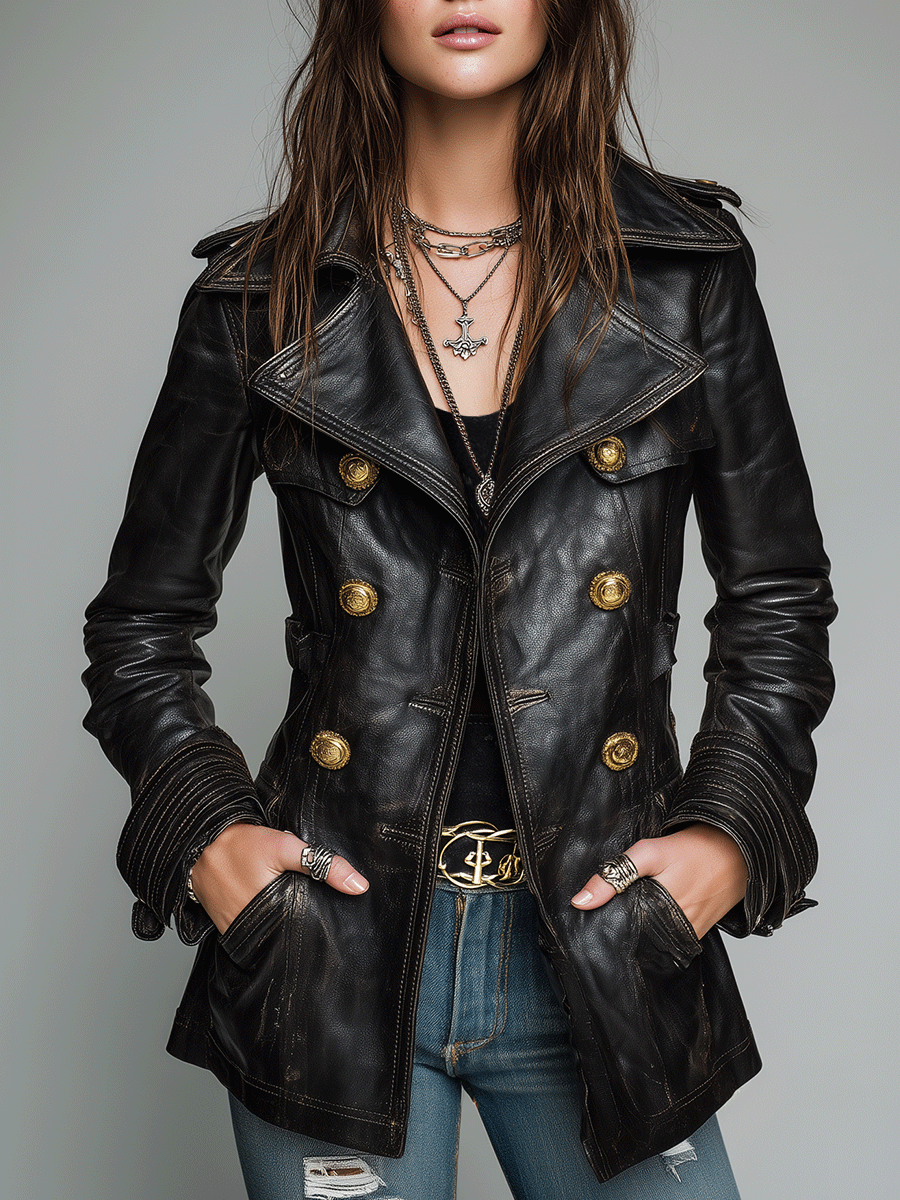 Dames Double-Breasted Imitatie Leren Jas – Vintage Stijl