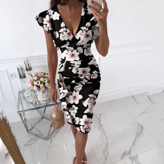 V-Hals Jurk met Plooimouwen en Elegante Stijl - Mode Vibes