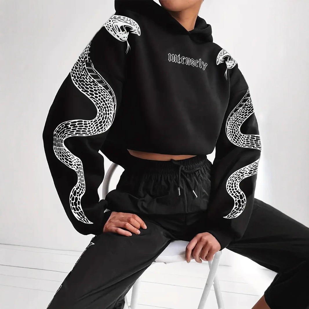 Dames Hoodie Kort met Slangen Print Trendy Casual