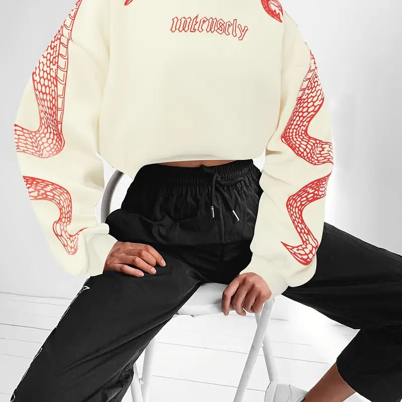Dames Hoodie Kort met Slangen Print Trendy Casual