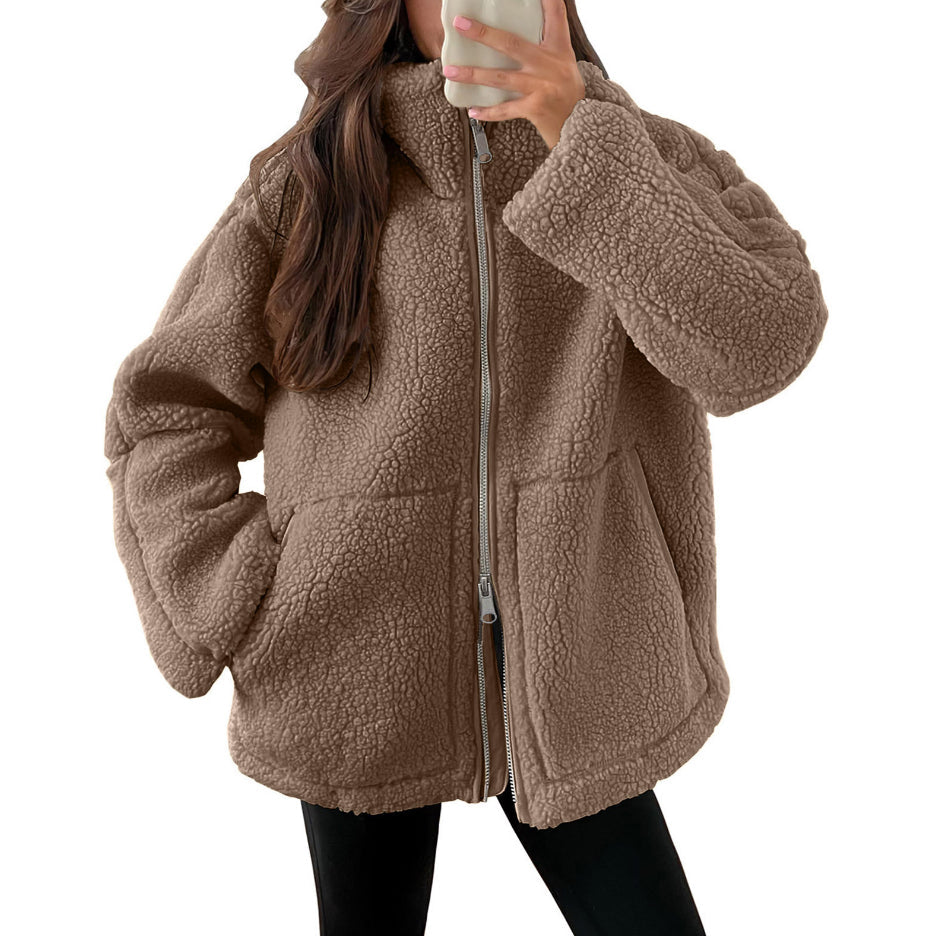 Dames Fleece Jas Warm en Stijlvol met Hoge Kraag en Zakken